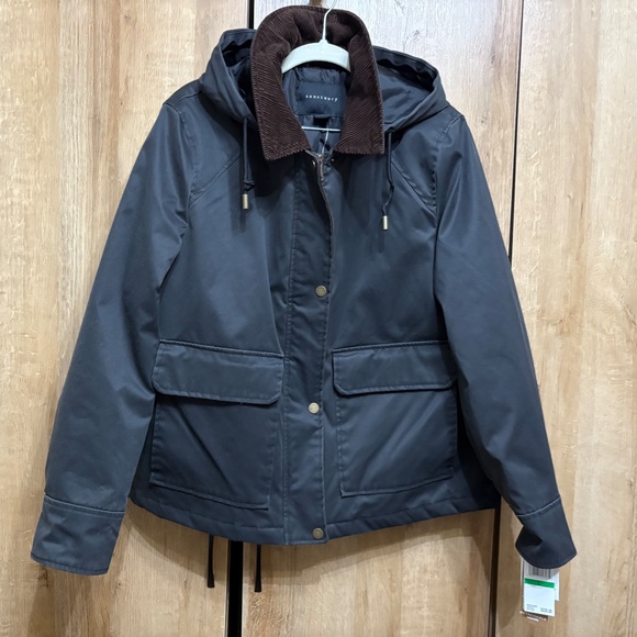 NWT Sanctuary Waxed Barn Coat Raincoat L Removable Hood Corduroy Collar Jacket - Picture 7 of 13